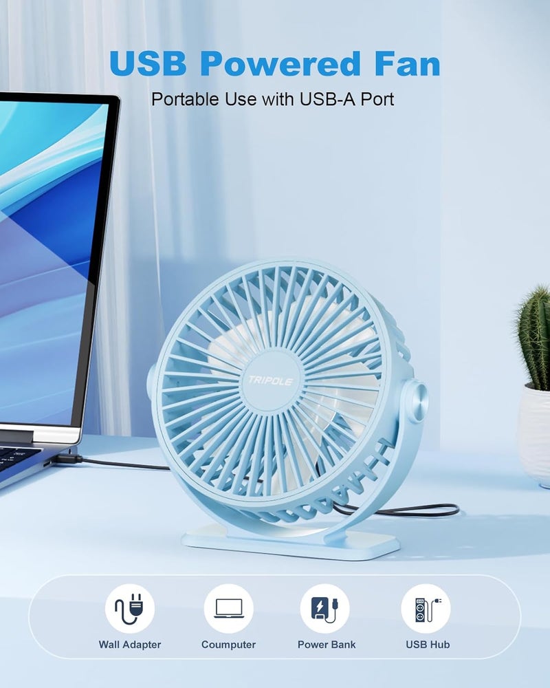 TriPole Small Desk Fan USB Powered Mini Portable Fan, 3 Speeds Strong Breeze Electric Fans, 360° Rotation Quiet Plug In Personal USB Cooling Fans for Desktop Bedroom Office Table Travel Cruise, Blue - Image 2
